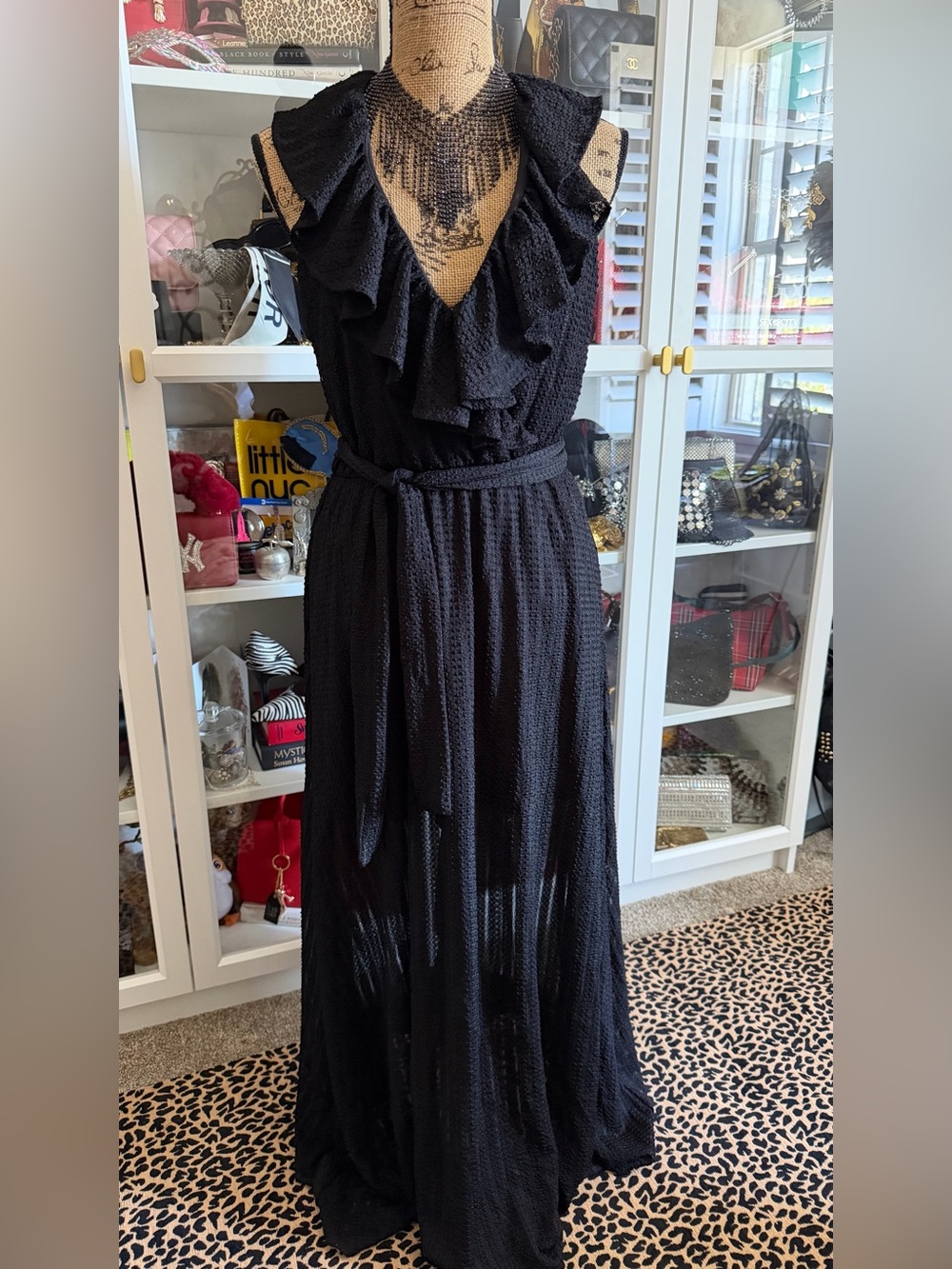 Avec Les Filles Knitted Ruffle V-Neck Maxi Dress